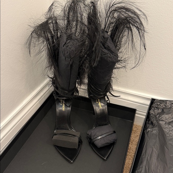 Saint Laurent Feather Lace-Up Heeled Sandals Black Leather Runway Statement 37 - Picture 15 of 16